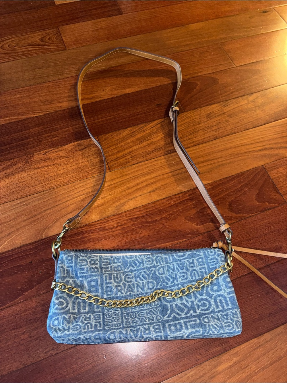 Lucky Brand Blue Denim Logo Crossbody with Gold Chain and Tan Strap